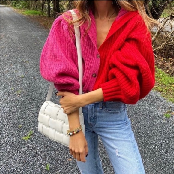 SOMETHING NAVY wool red pink color block cardigan sweater - Picture 4 of 10